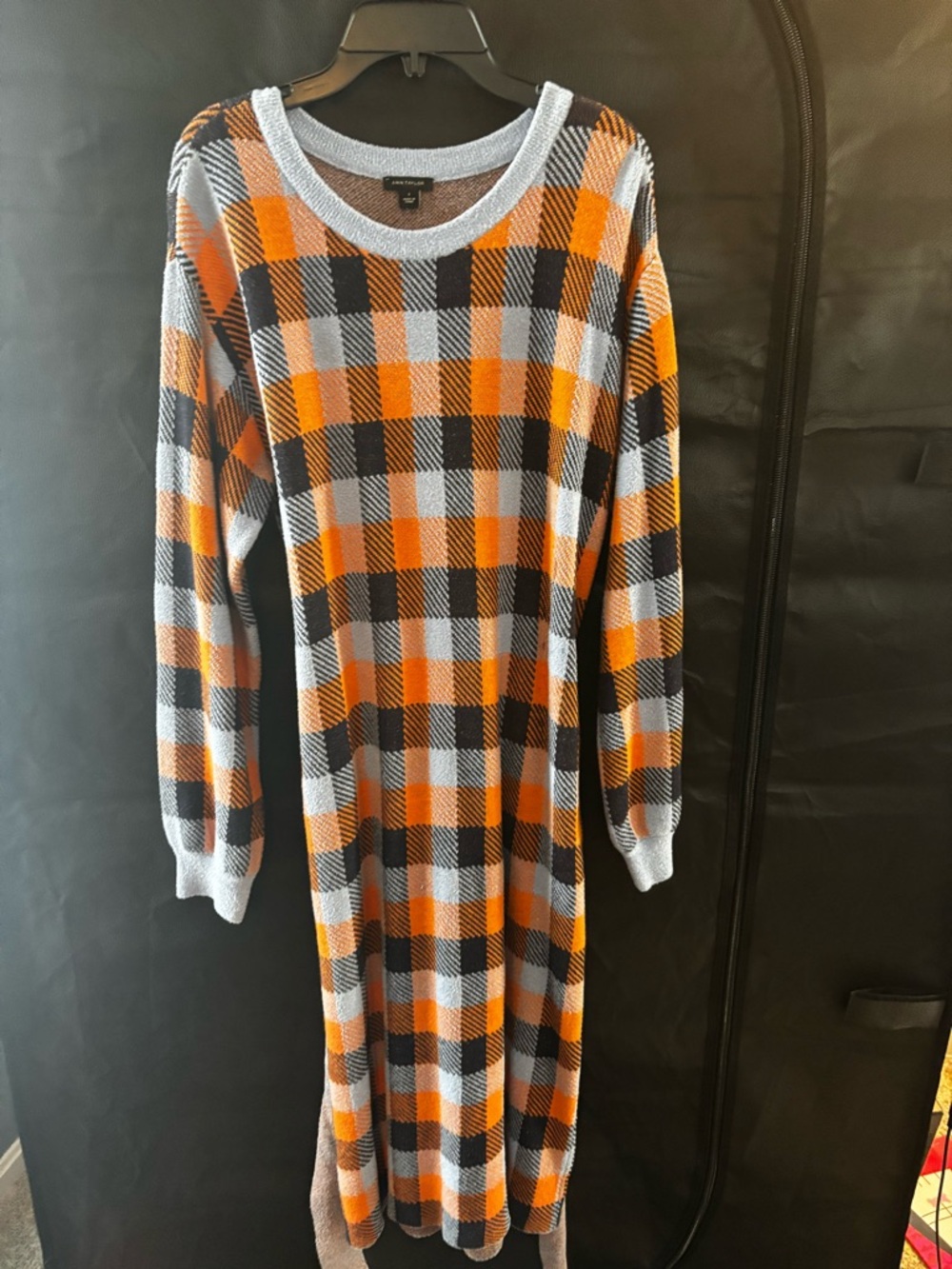 Ann Taylor Check Plaid Belted Midi Sweater Dress - Picture 9 of 9